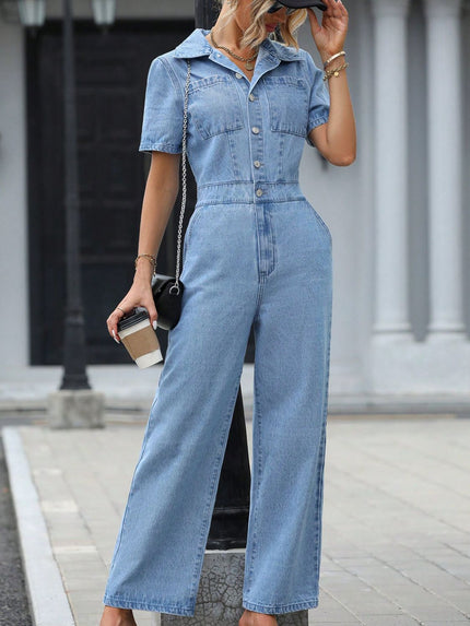 Short Sleeve Wide Leg Denim Jumpsuit - LACEDUPED