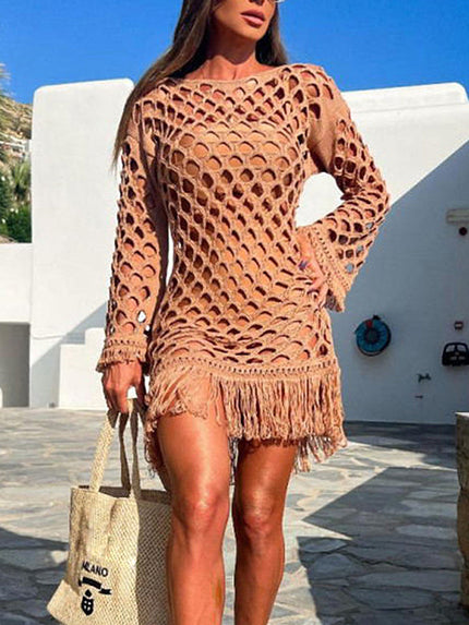 Fringe Cutout Long Sleeve Cover Up - LACEDUPED