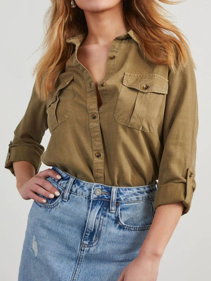 Collared Neck Roll-Tab Sleeve Denim Top - LACEDUPED