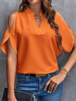 Notched Cold Shoulder Half Sleeve Blouse - LACEDUPED