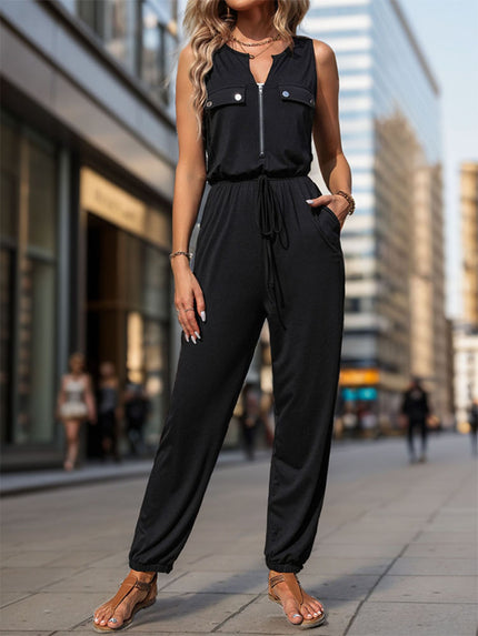 Half Zip Sleeveless Jumpsuit with Pockets - LACEDUPED