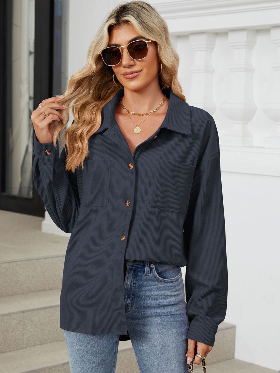 Button Up Dropped Shoulder Long Sleeve Outerwear - LACEDUPED