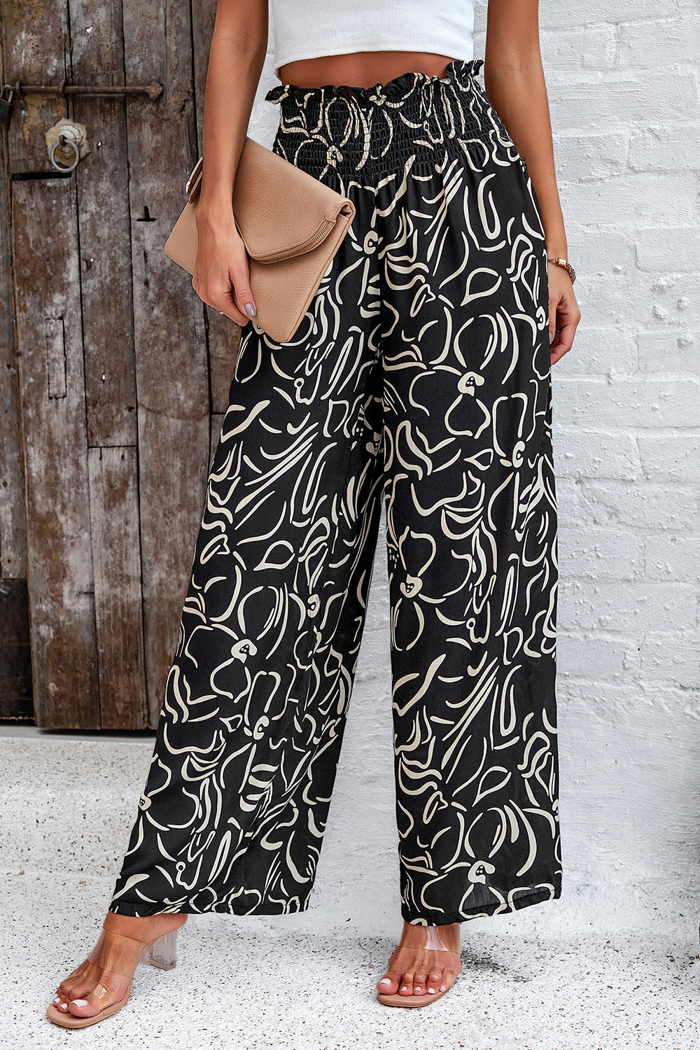 Smocked Printed Wide Leg Pants with Pockets - LACEDUPED