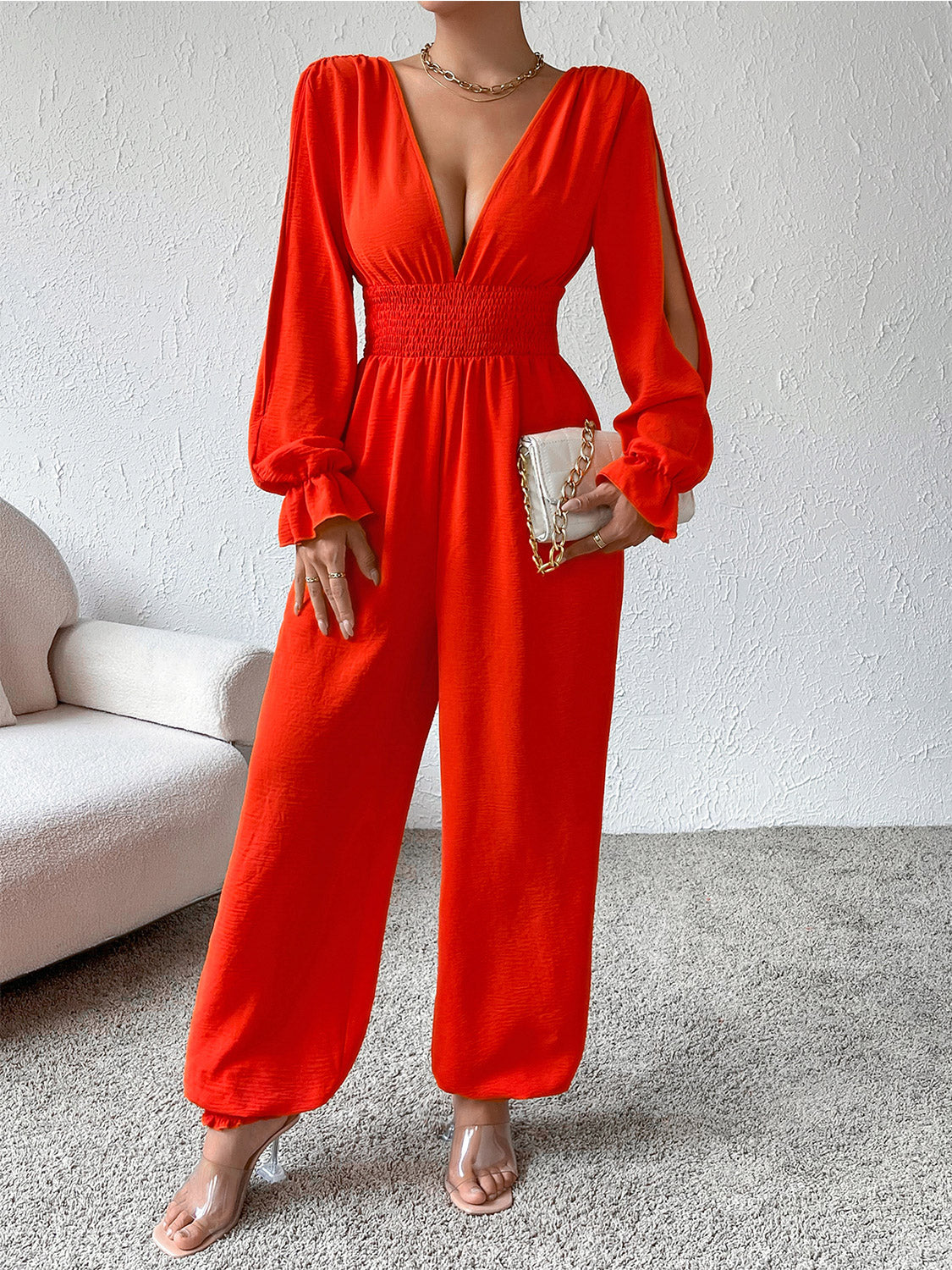 Plunge Smocked Flounce Sleeve Jumpsuit - LACEDUPED