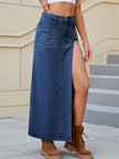 Slit Buttoned Denim Skirt with Pockets - LACEDUPED