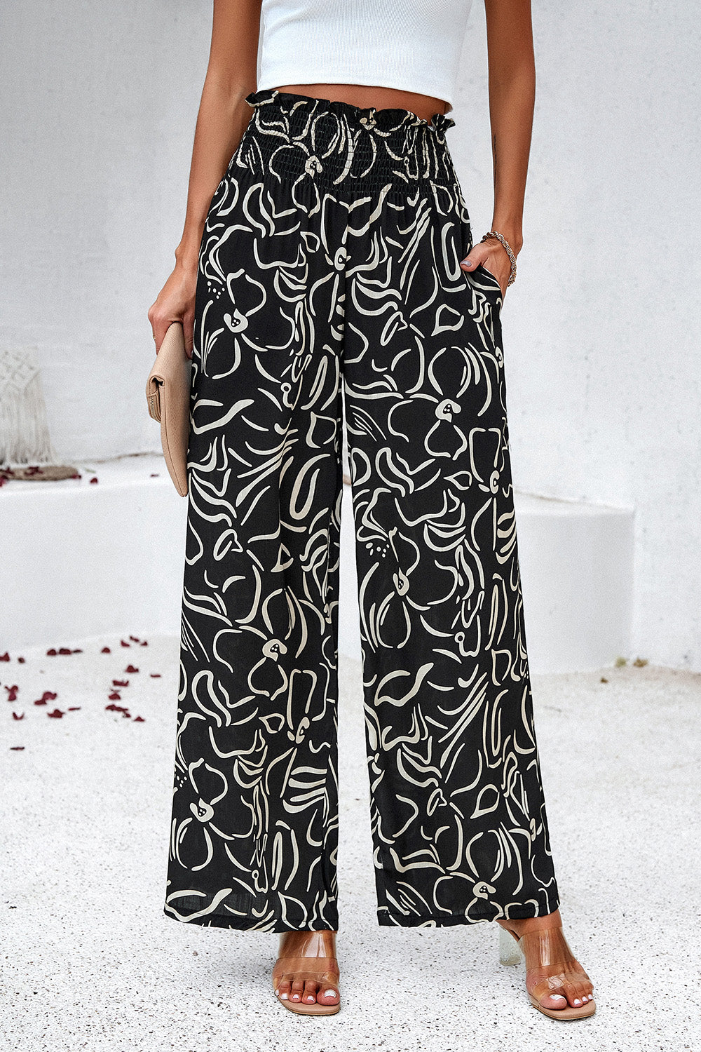 Smocked Printed Wide Leg Pants with Pockets - LACEDUPED