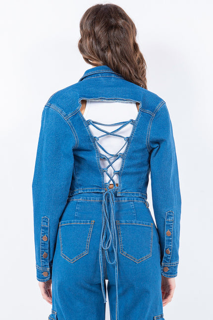 American Bazi Laced Back Cropped Denim Jacket - LACEDUPED