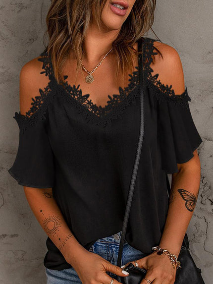 Lace Detail V-Neck Half Sleeve Blouse - LACEDUPED