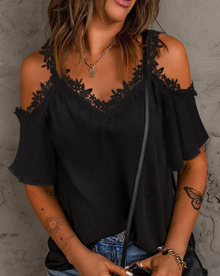 Lace Detail V-Neck Half Sleeve Blouse - LACEDUPED