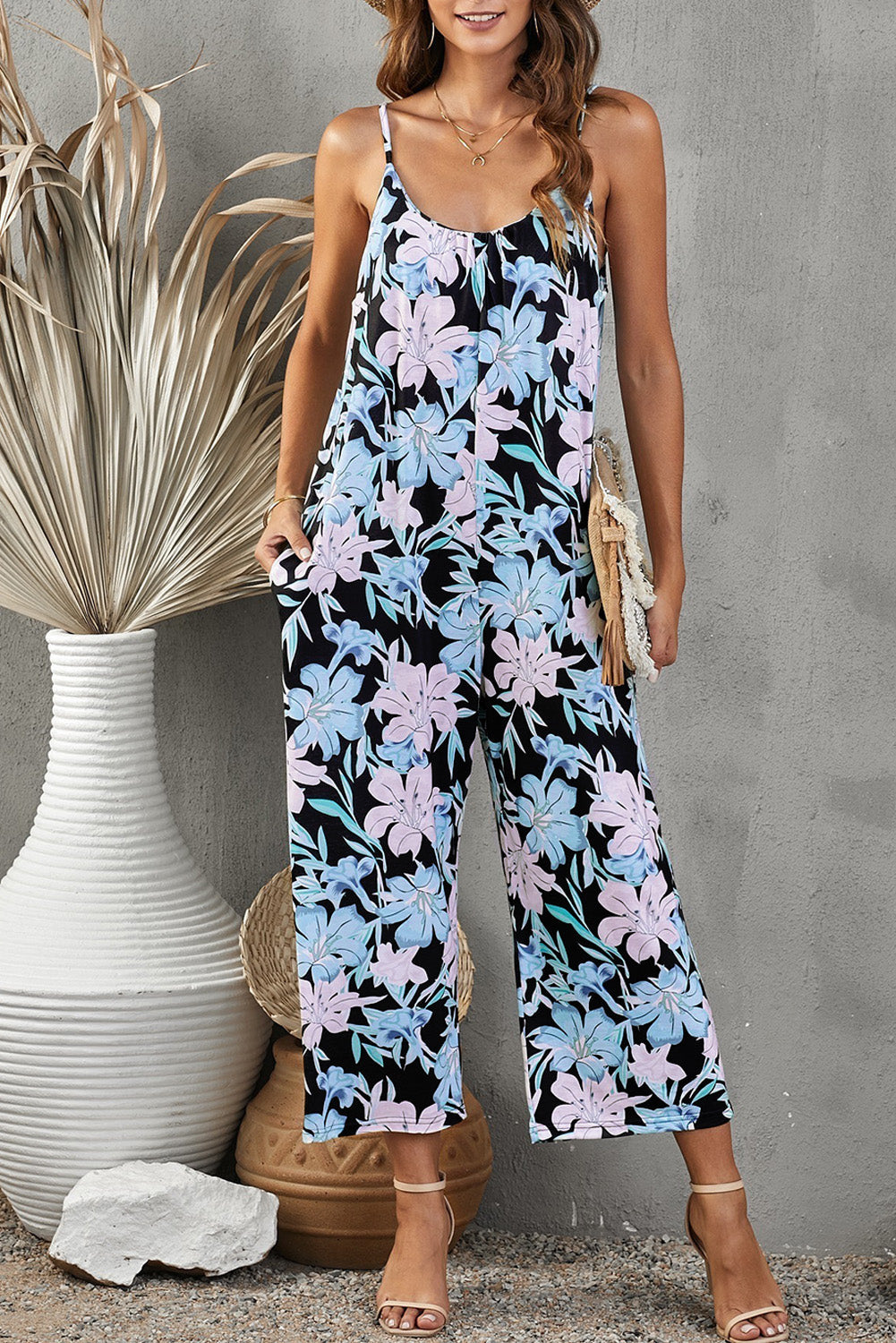 Botanical Print Spaghetti Strap Cropped Jumpsuit - LACEDUPED