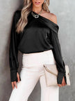 One Shoulder Long Sleeve Blouse - LACEDUPED