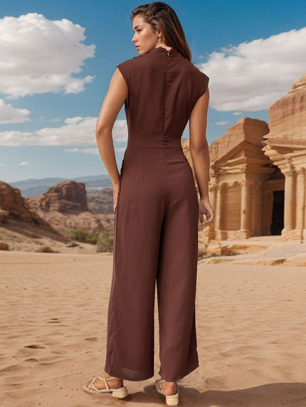 Ruched Mock Neck Sleeveless Jumpsuit - LACEDUPED