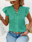 Ruffled V-Neck Cap Sleeve Blouse - LACEDUPED