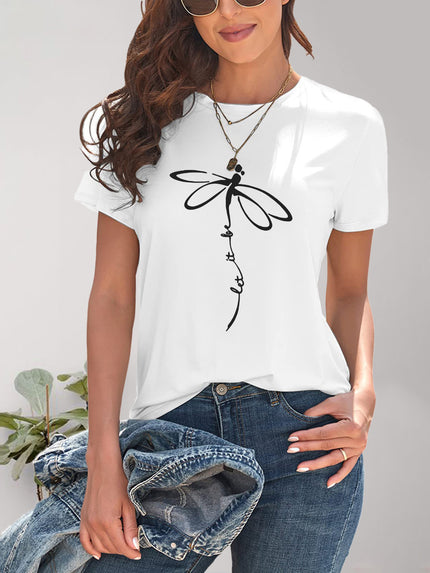 Dragonfly Graphic Round Neck Short Sleeve T-Shirt - LACEDUPED