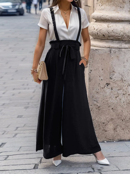 Tied Wide Leg Pants with Shoulder Straps - LACEDUPED