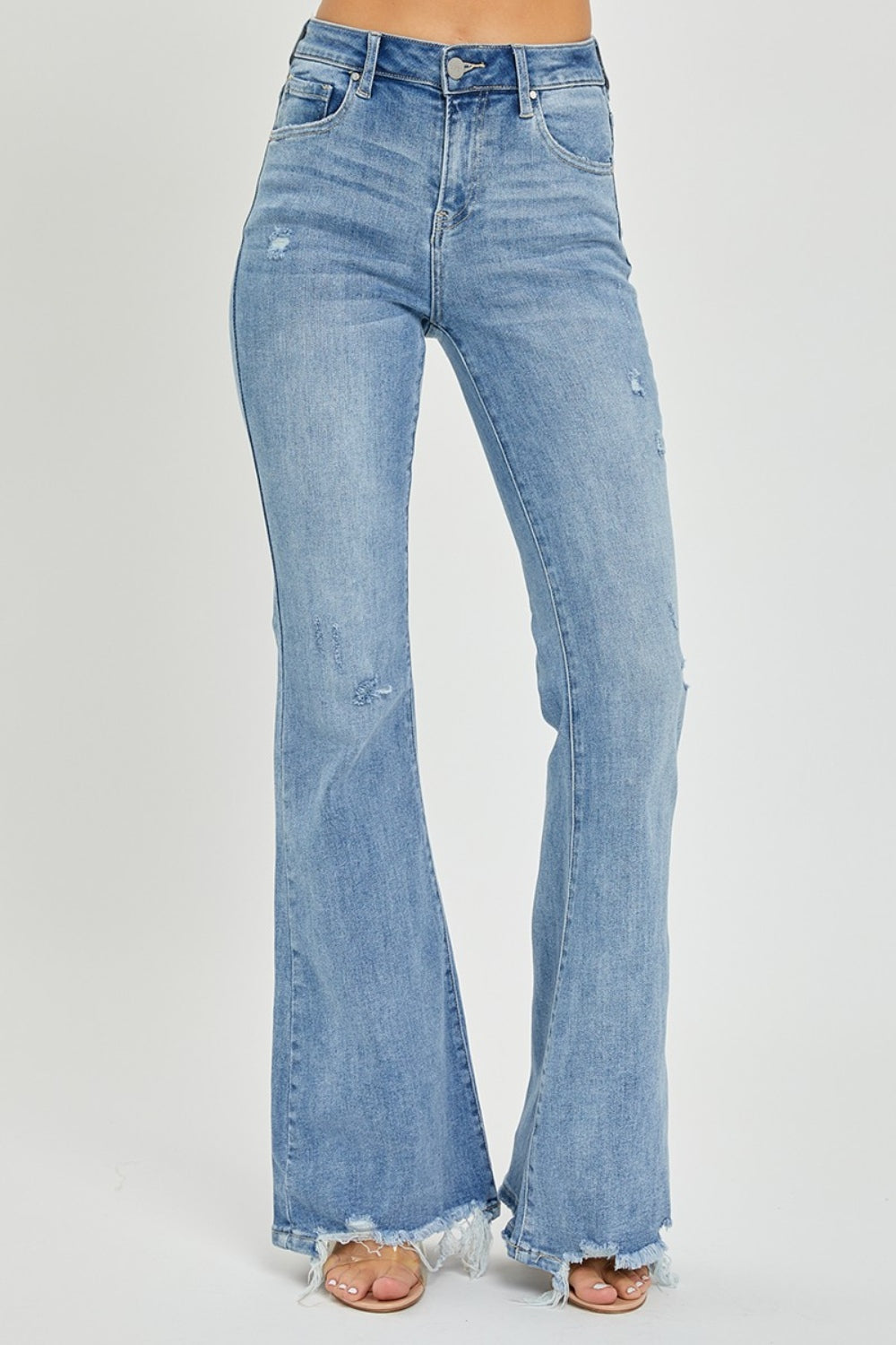 Risen Full Size High Rise Frayed Hem Flare Jeans - LACEDUPED