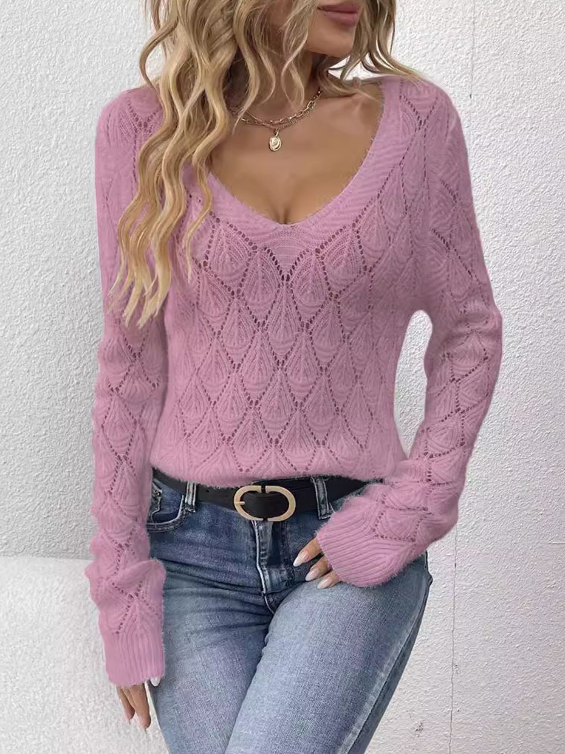 Openwork V-Neck Long Sleeve Sweater - LACEDUPED