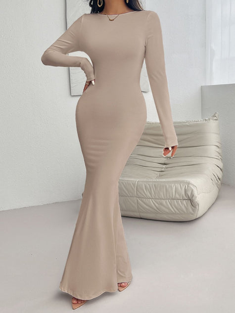 Devine Backless Round Neck Long Sleeve Maxi Dress