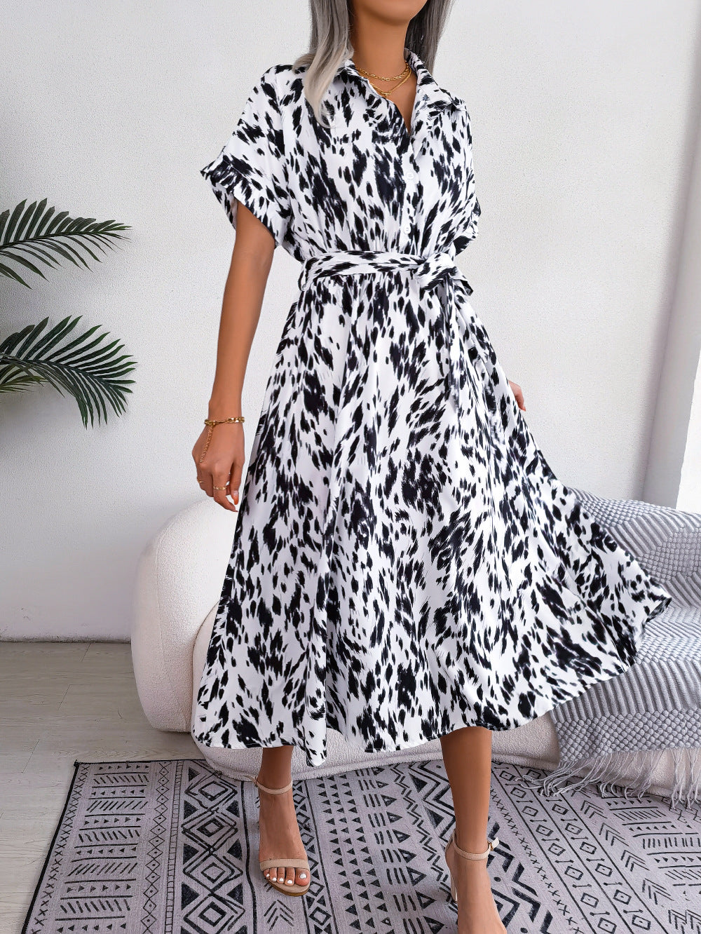 Printed Collared Neck Short Sleeve Tie Waist Dress - LACEDUPED