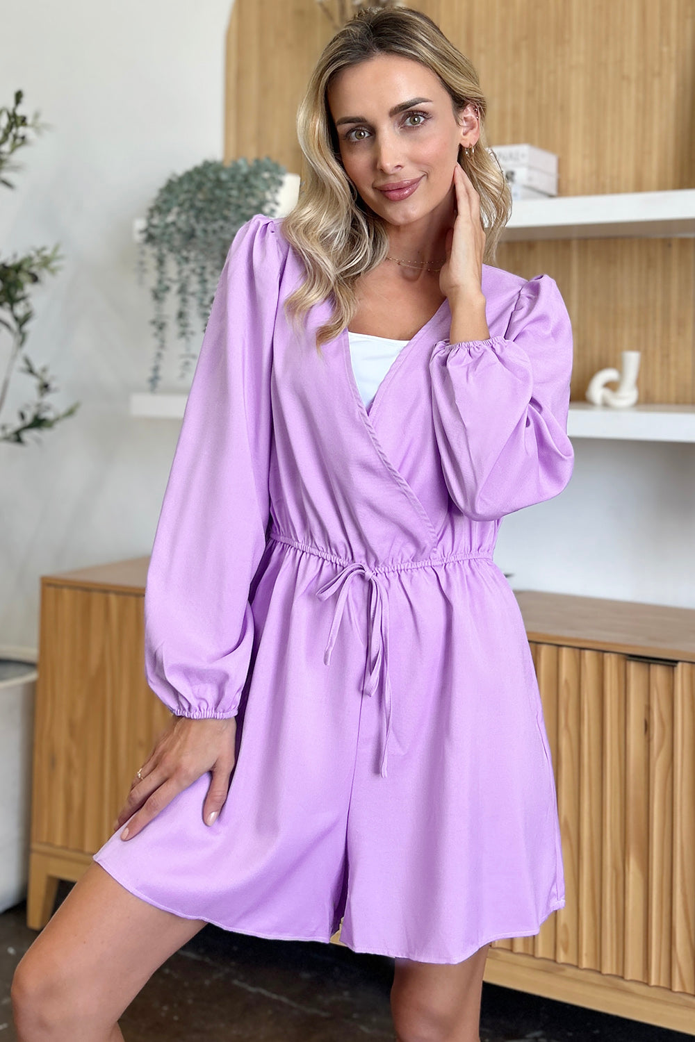 Double Take Full Size Drawstring Long Sleeve Romper - LACEDUPED