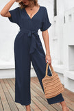 Tie Waist Surplice Wide Leg Jumpsuit - LACEDUPED