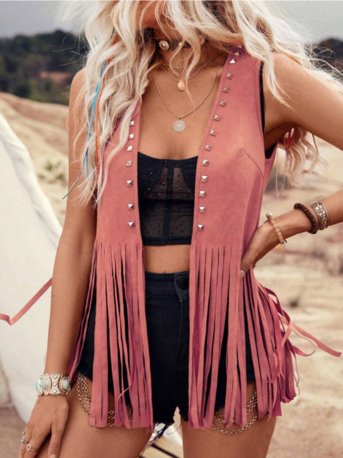 Fringe Studded Open Front Vest Coat - LACEDUPED