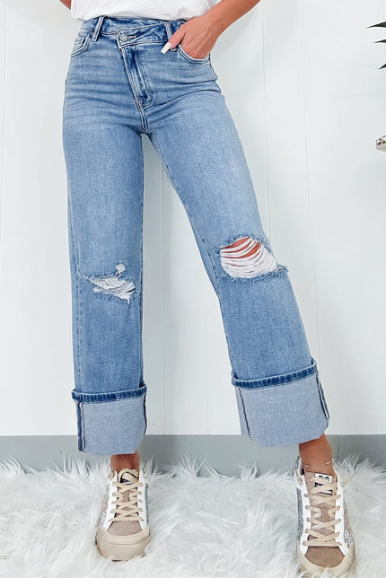 Distressed Straight Jeans with Pockets - LACEDUPED