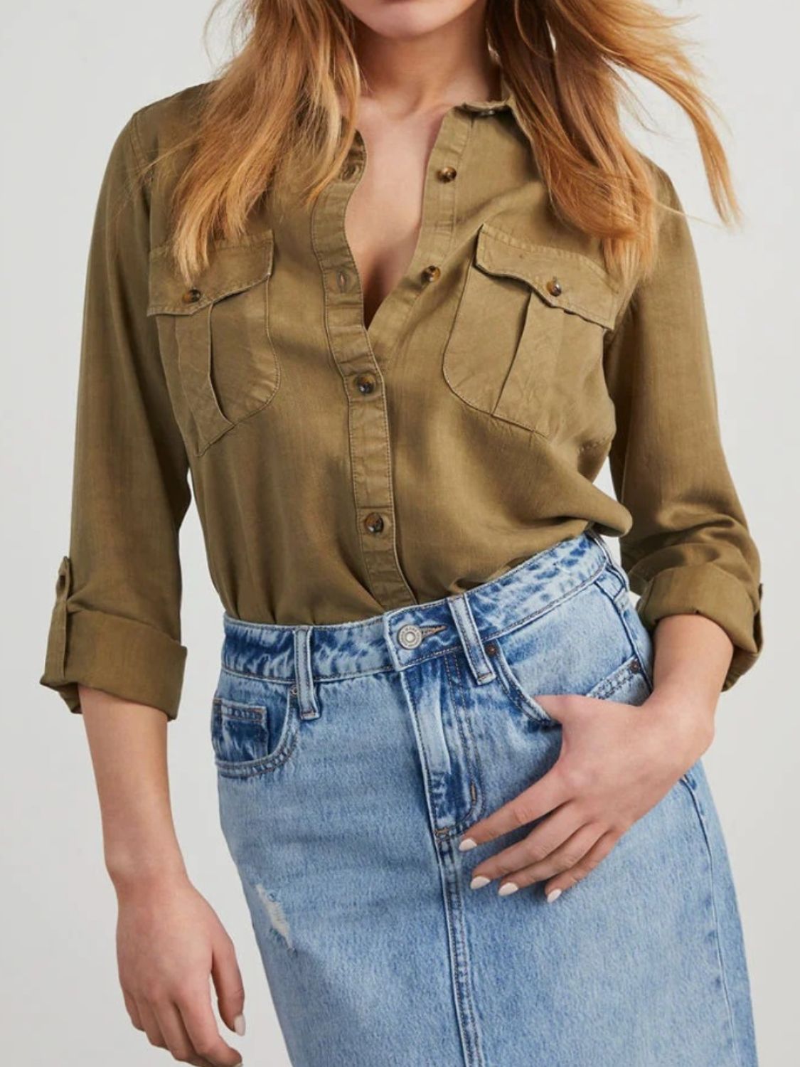 Collared Neck Roll-Tab Sleeve Denim Top - LACEDUPED