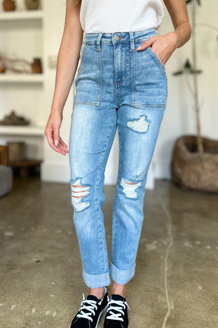 Judy Blue Full Size Distressed Straight Jeans with Patch Pockets - LACEDUPED