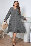 Honey Melo Apparel Plus Size Printed V-Neck Flounce Sleeve Midi Dress