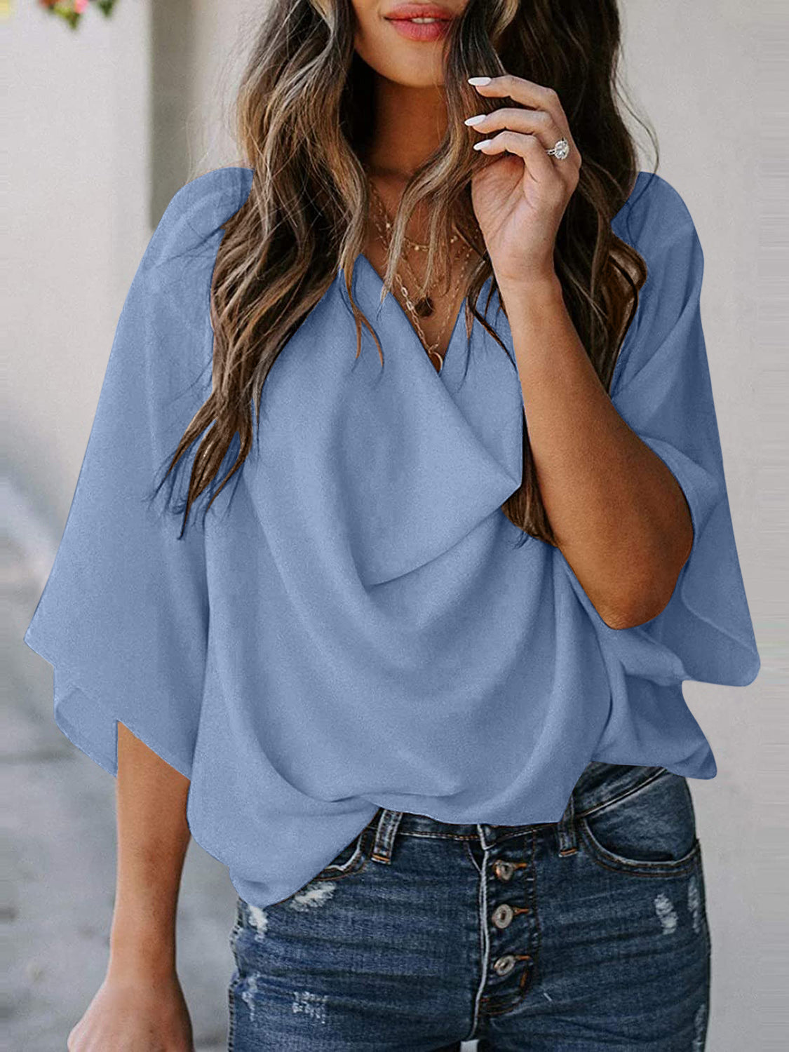 Full Size Cowl Neck Three-Quarter Sleeve Blouse - LACEDUPED