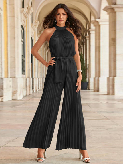 Cutout Tied Pleated Sleeveless Jumpsuit - LACEDUPED