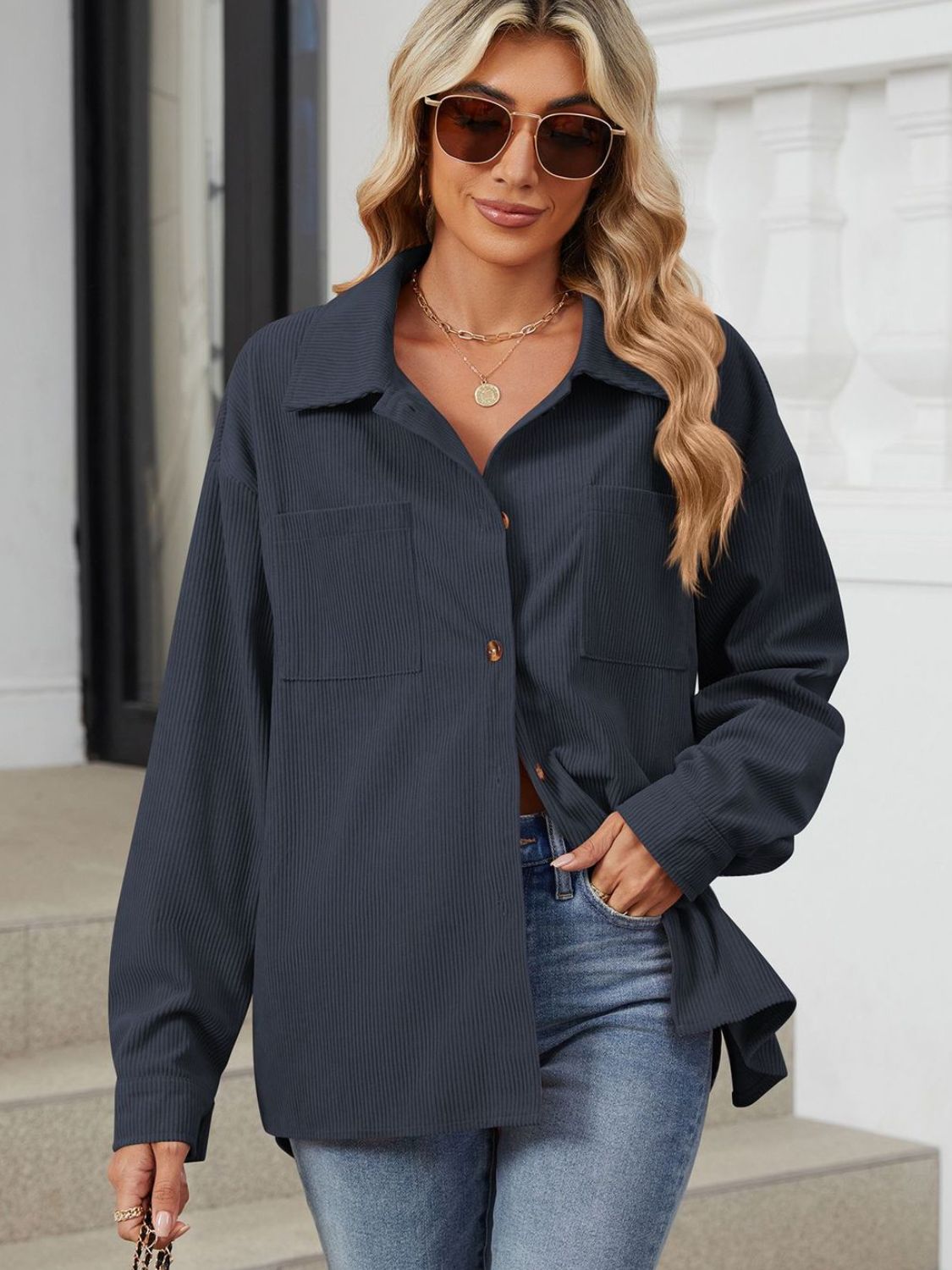 Button Up Dropped Shoulder Long Sleeve Outerwear - LACEDUPED