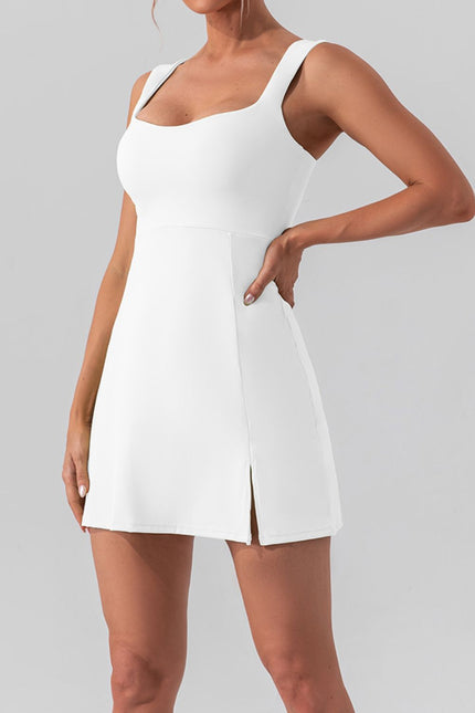 Square Neck Sleeveless Slit Mini Active Dress - LACEDUPED