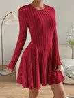Woman wearing Ribbed Round Neck Long Sleeve Dress in red with slightly stretchy material, perfect for fall fashion.