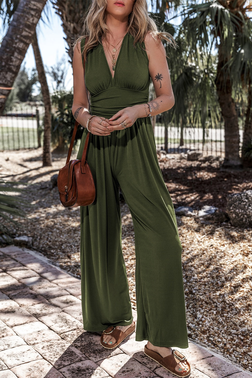 V-Neck Sleeveless Wide Leg Jumpsuit - LACEDUPED