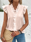 Ruffled V-Neck Cap Sleeve Blouse - LACEDUPED