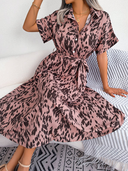 Printed Collared Neck Short Sleeve Tie Waist Dress - LACEDUPED