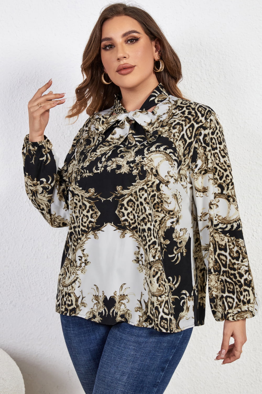 Honey Melo Apparel Plus Size Printed Tie Neck Long Sleeve Blouse