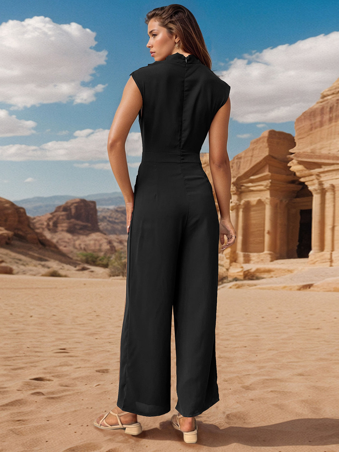 Ruched Mock Neck Sleeveless Jumpsuit - LACEDUPED