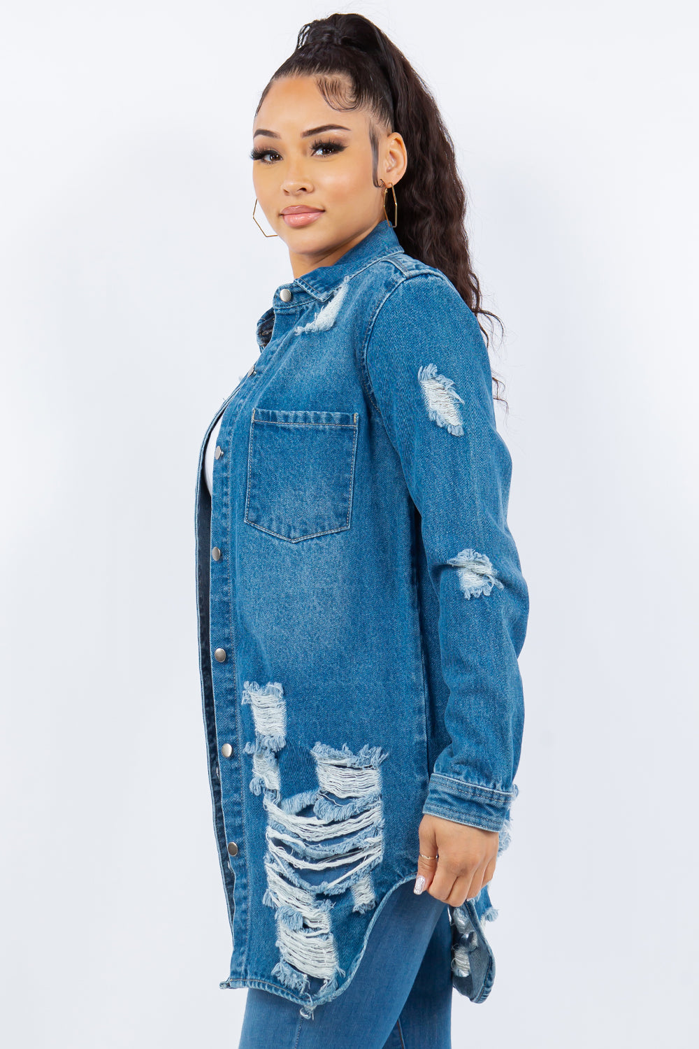 American Bazi Distressed Button Up Long Sleeve Denim Jacket - LACEDUPED