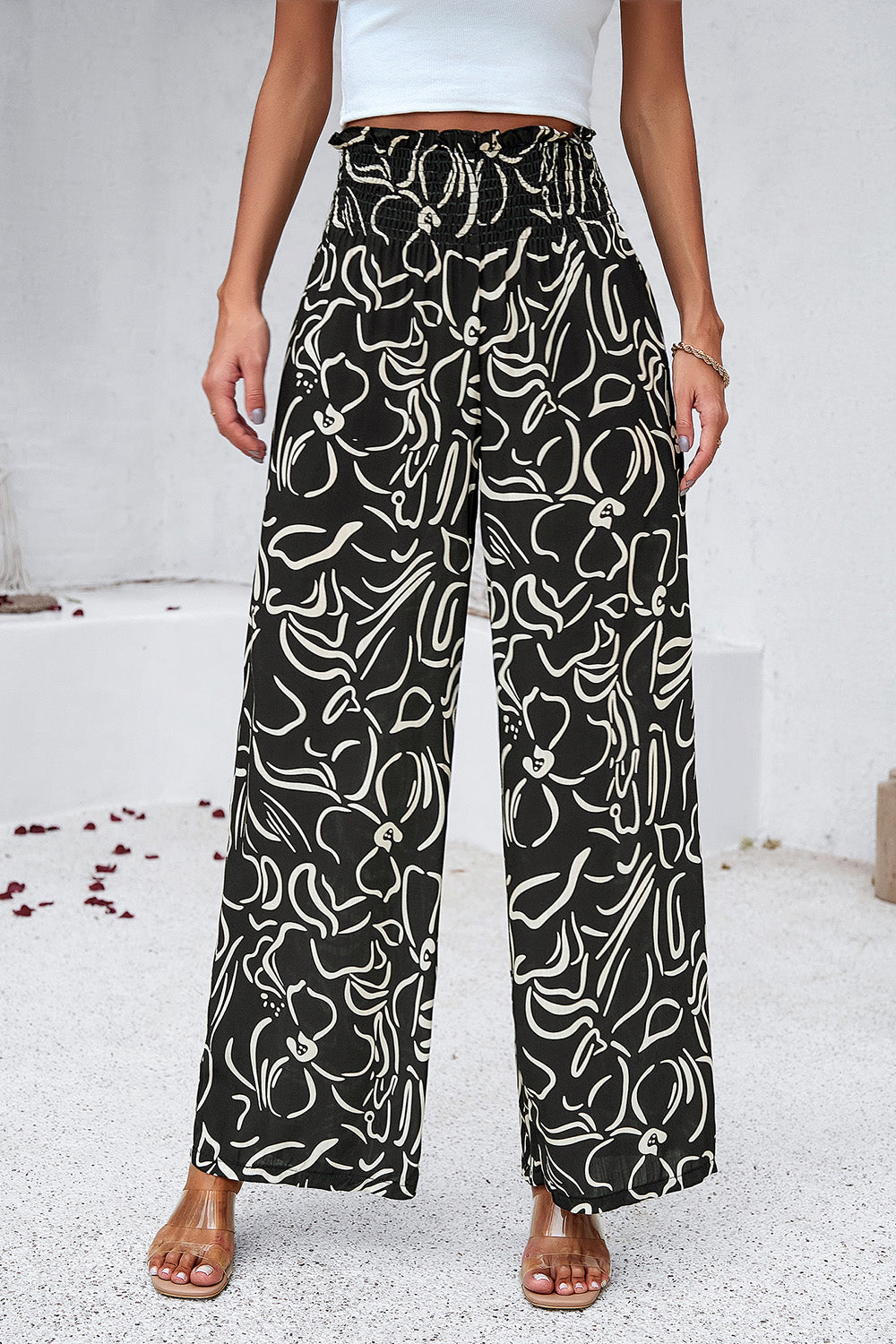 Smocked Printed Wide Leg Pants with Pockets - LACEDUPED