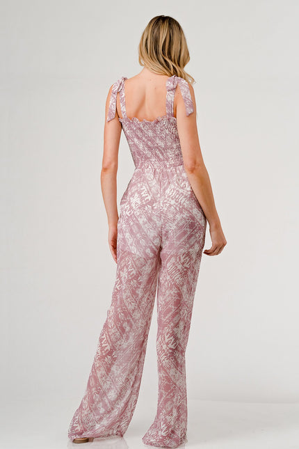 GeeGee Printed Tie Shoulder Wide Leg Jumpsuit - LACEDUPED