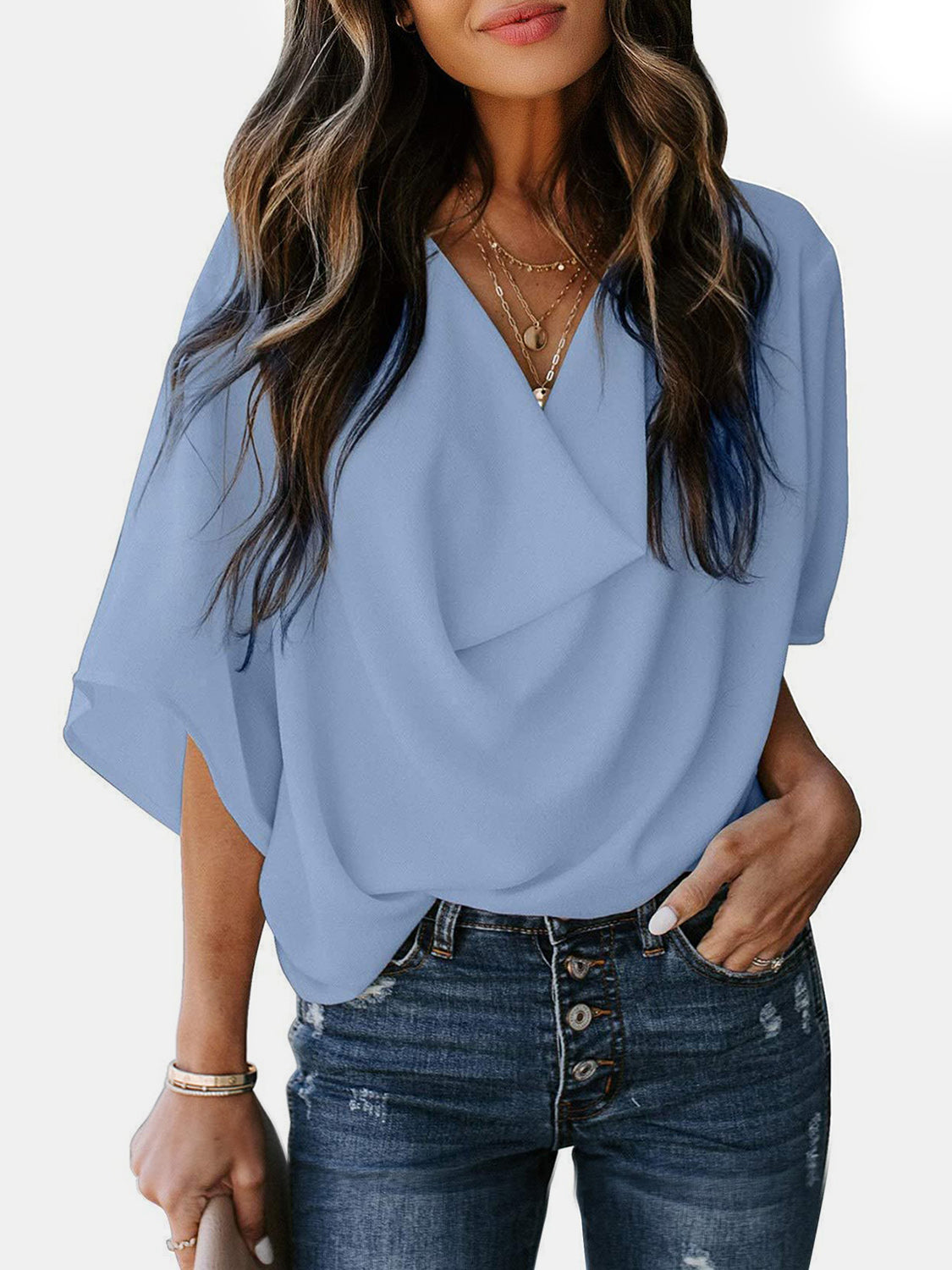 Full Size Cowl Neck Three-Quarter Sleeve Blouse - LACEDUPED