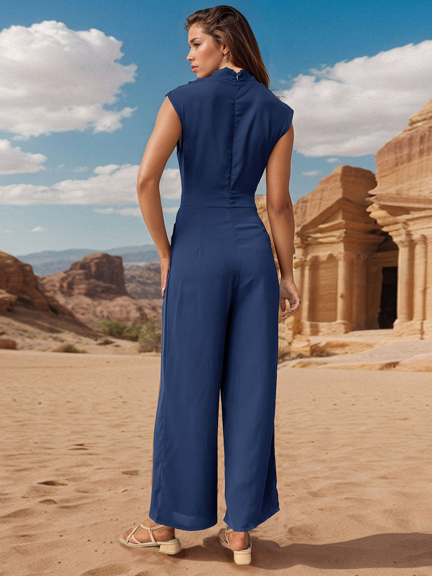 Ruched Mock Neck Sleeveless Jumpsuit - LACEDUPED