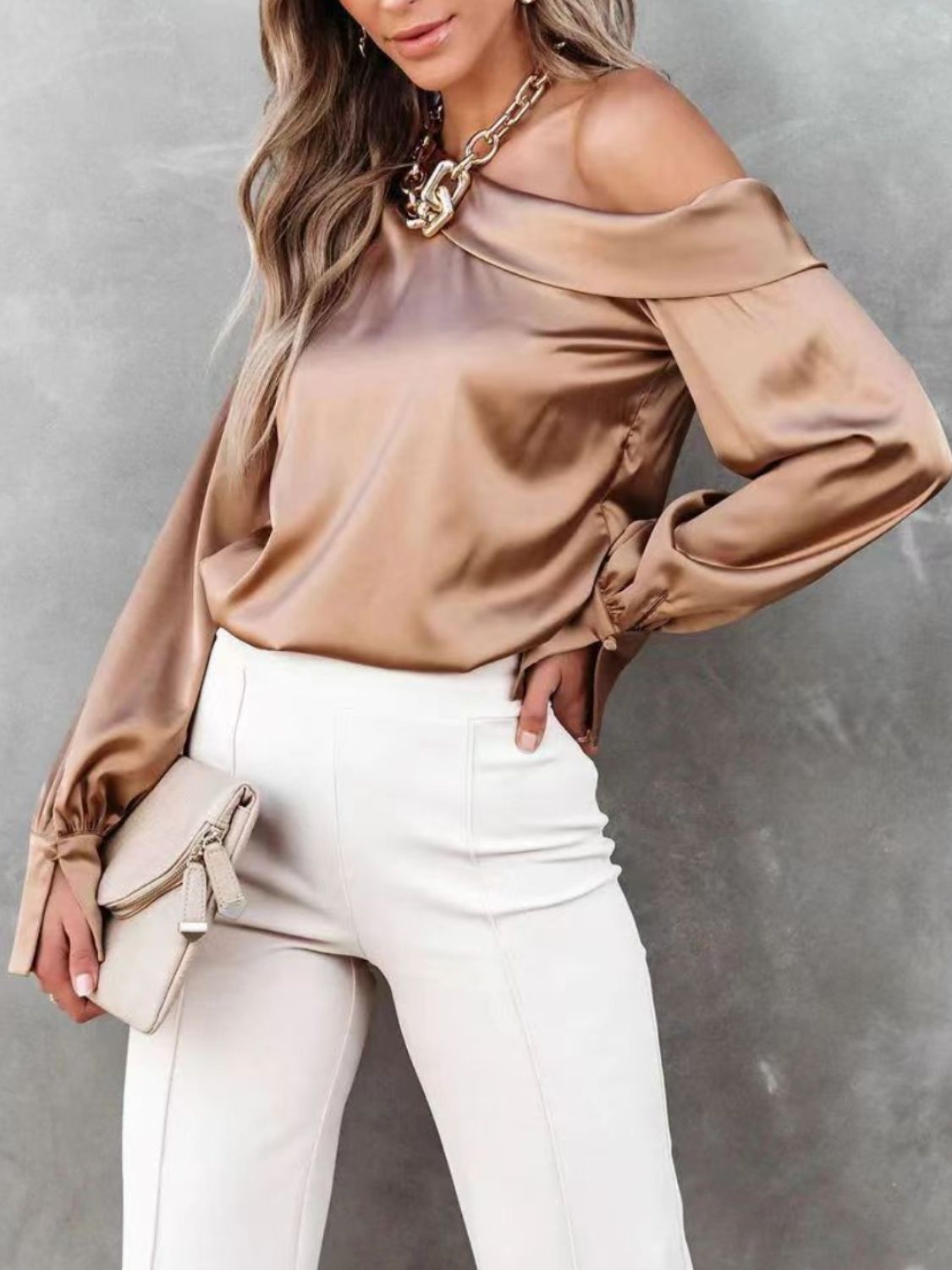 One Shoulder Long Sleeve Blouse - LACEDUPED