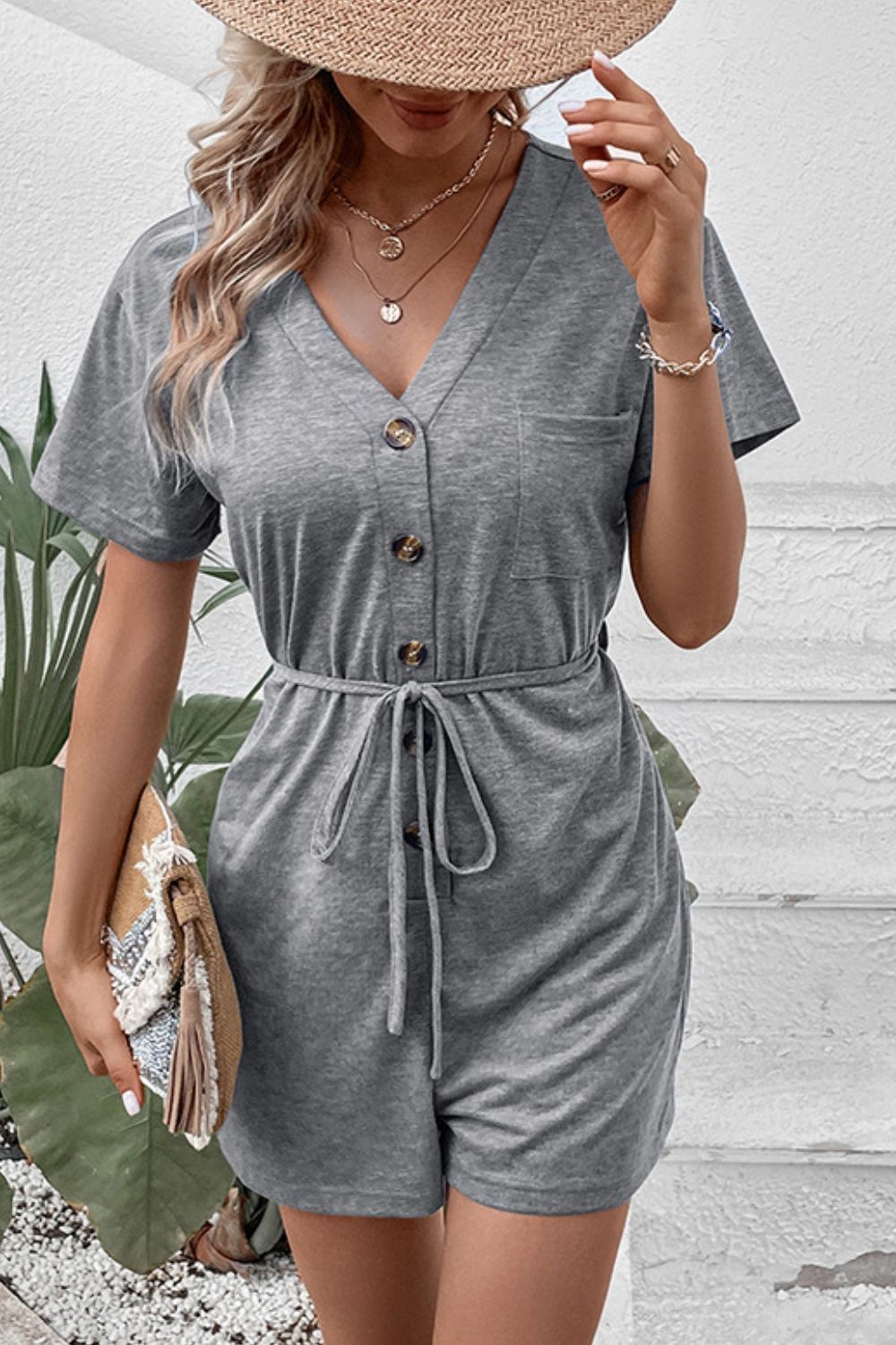 V-Neck Short Sleeve Tied Romper - LACEDUPED