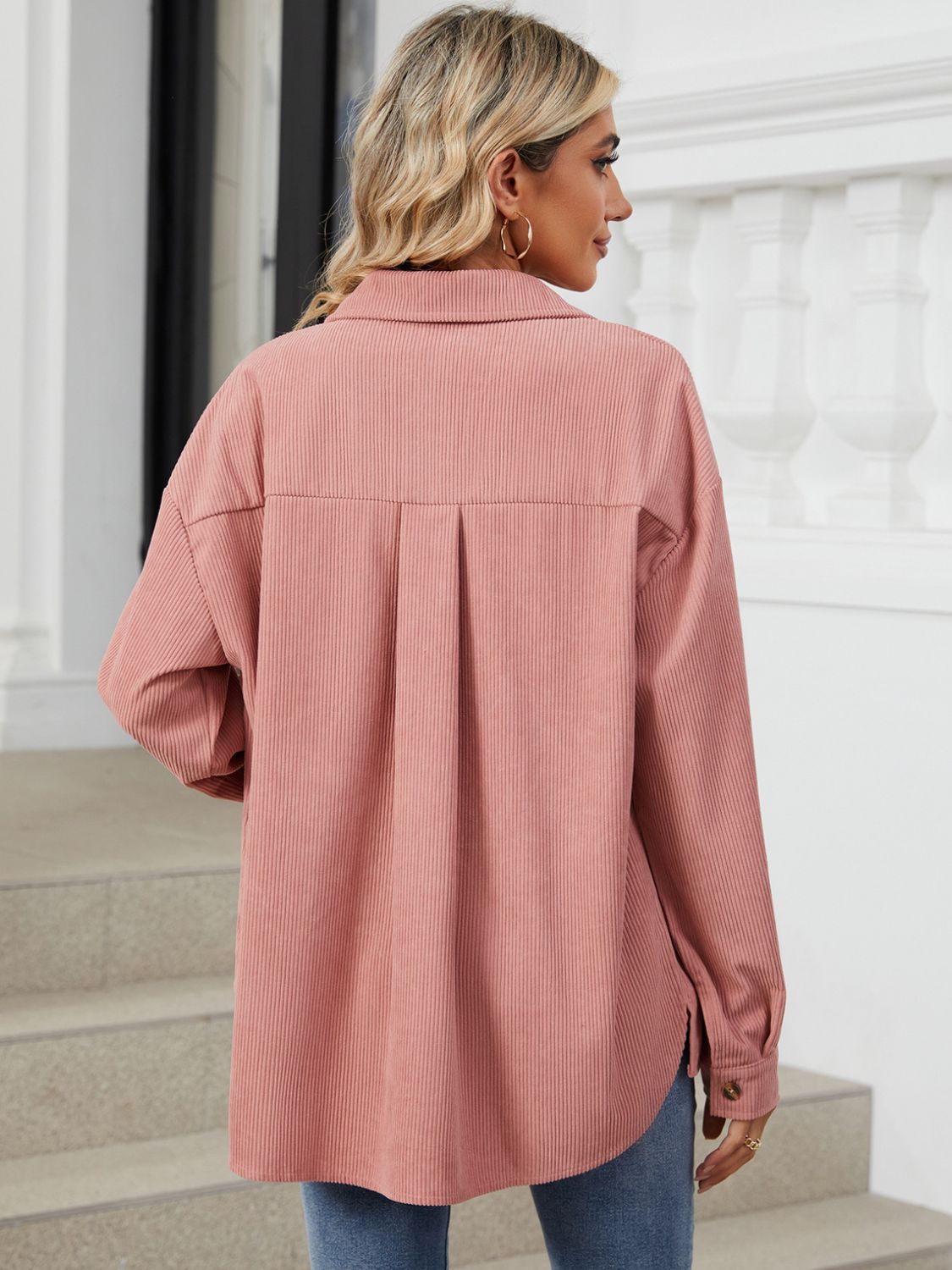 Button Up Dropped Shoulder Long Sleeve Outerwear - LACEDUPED