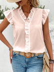 Ruffled V-Neck Cap Sleeve Blouse - LACEDUPED