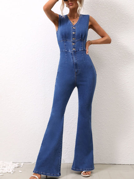 V-Neck Sleeveless Denim Jumpsuit - LACEDUPED